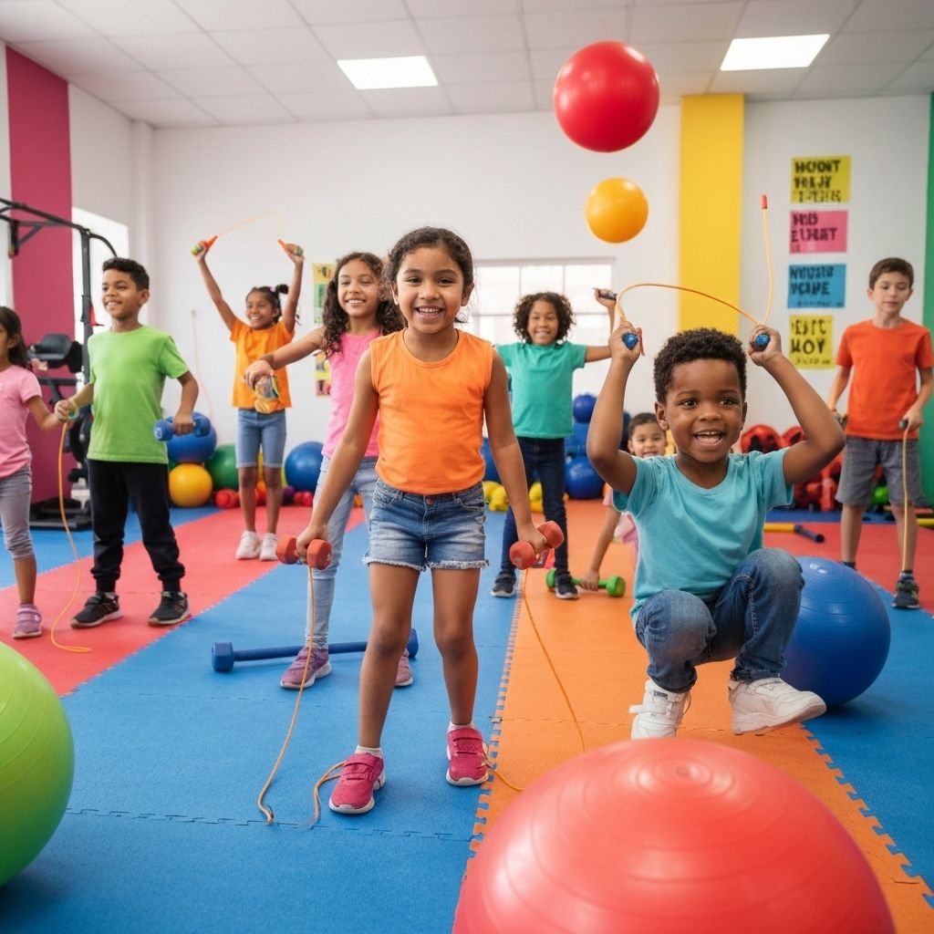 Happy kids exercising at ABCDEFGym